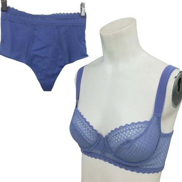 La Perla Bra High Waisted Underwear Underwire Size 34B Blue Lace Set Pinup Sheer - Picture 1 of 16